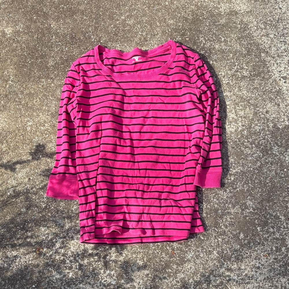 Jones New York Hot Pink and Black Striped Long Sleeve Tee